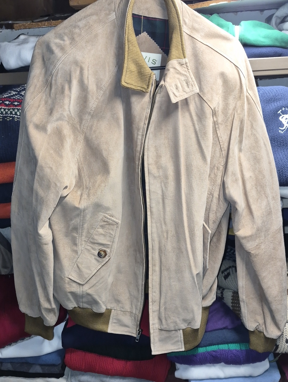 G9 Orvis Beige Suede Bomber Jacket with Olive Trim New No Tag